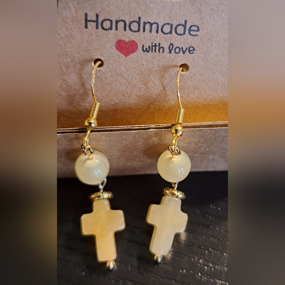 Yellow Malaysian Jade Cross & Bead Earrings 14K Gold Over 925 Sterling Hooks